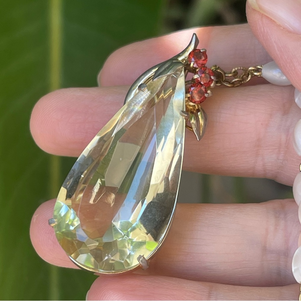 Huge lemon crystal genuine garnet gold tone pendant white opalescent chain - Picture 3 of 11